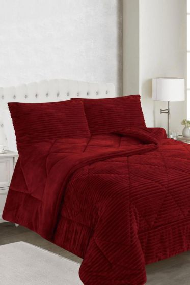 Ece Stripe Çift Kişilik Pelüş Yatak Örtüsü Bordo - Çeyiz Diyarı