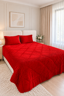 Ece Stripe Çift Kişilik Pelüş Yatak Örtüsü Bordo - 1