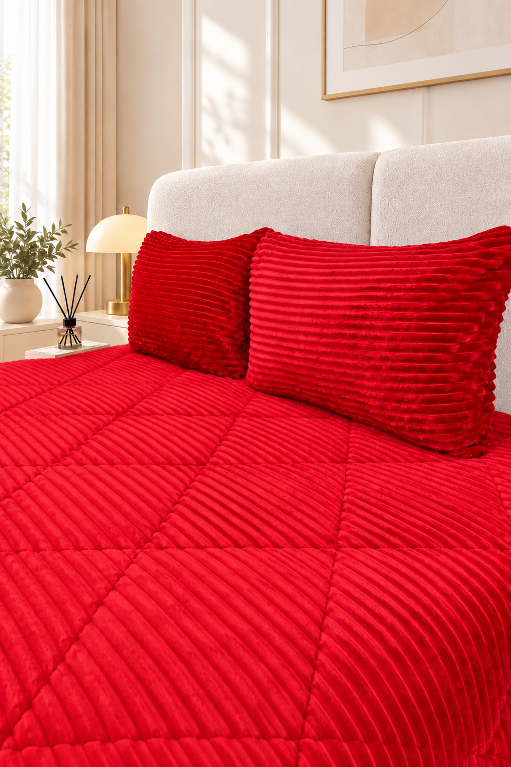 Ece Stripe Çift Kişilik Pelüş Yatak Örtüsü Bordo - 2