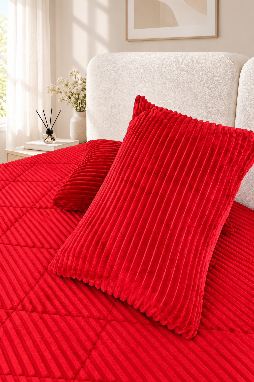 Ece Stripe Çift Kişilik Pelüş Yatak Örtüsü Bordo - 3