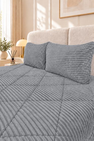 Ece Stripe Çift Kişilik Pelüş Yatak Örtüsü Gri - Çeyiz Diyarı (1)