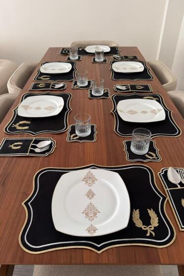 Edalım Keten Nakışlı Amerikan Servis Takımı 19 Parça Siyah - Çeyiz Diyarı