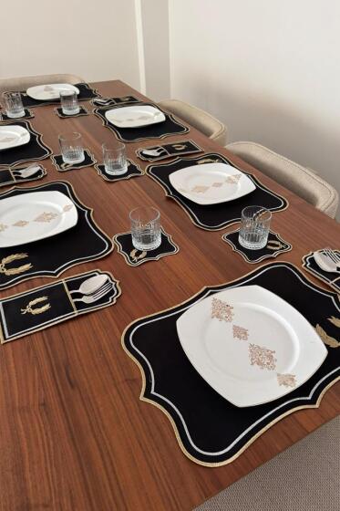 Edalım Keten Nakışlı Amerikan Servis Takımı 19 Parça Siyah - Çeyiz Diyarı (1)