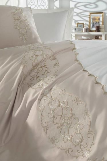 Elegance Nakışlı Pamuk Saten Nevresim Takımı Krem Cappucino - Dantela (1)