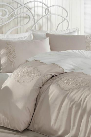 Elegance Nakışlı Pamuk Saten Nevresim Takımı Krem Cappucino - Dantela