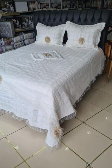 Elegant Çift Kişilik Yatak Örtüsü Takımı Krem - Çeyiz Diyarı