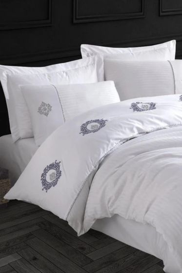 Elegant Nakışlı Pamuk Saten Çift Kişilik Nevresim Takımı Olimpos Beyaz - Hobby