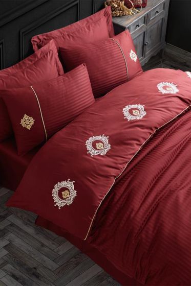Elegant Nakışlı Pamuk Saten Çift Kişilik Nevresim Takımı Olimpos Bordo - Hobby (1)