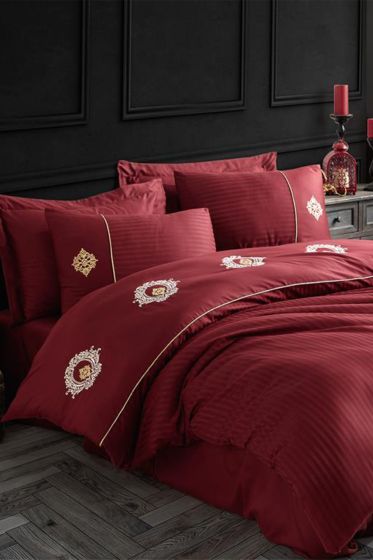 Elegant Nakışlı Pamuk Saten Çift Kişilik Nevresim Takımı Olimpos Bordo - Hobby