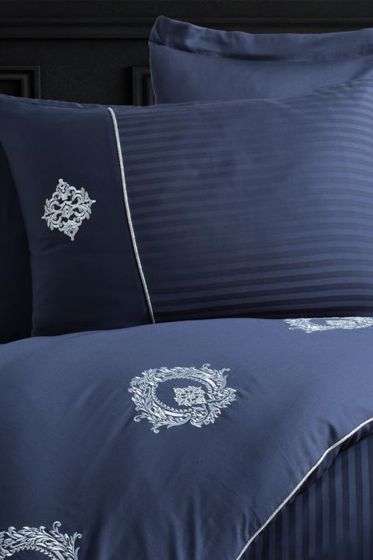 Elegant Nakışlı Pamuk Saten Çift Kişilik Nevresim Takımı Olimpos Lacivert - Hobby (1)