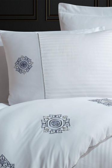 Elegant Nakışlı Pamuk Saten Çift Kişilik Nevresim Takımı Zeugma Beyaz - Hobby (1)
