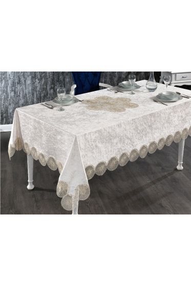 Elis Fransız Güpürlü Kadife Masa Örtüsü Cappucino - Çeyiz Diyarı (1)