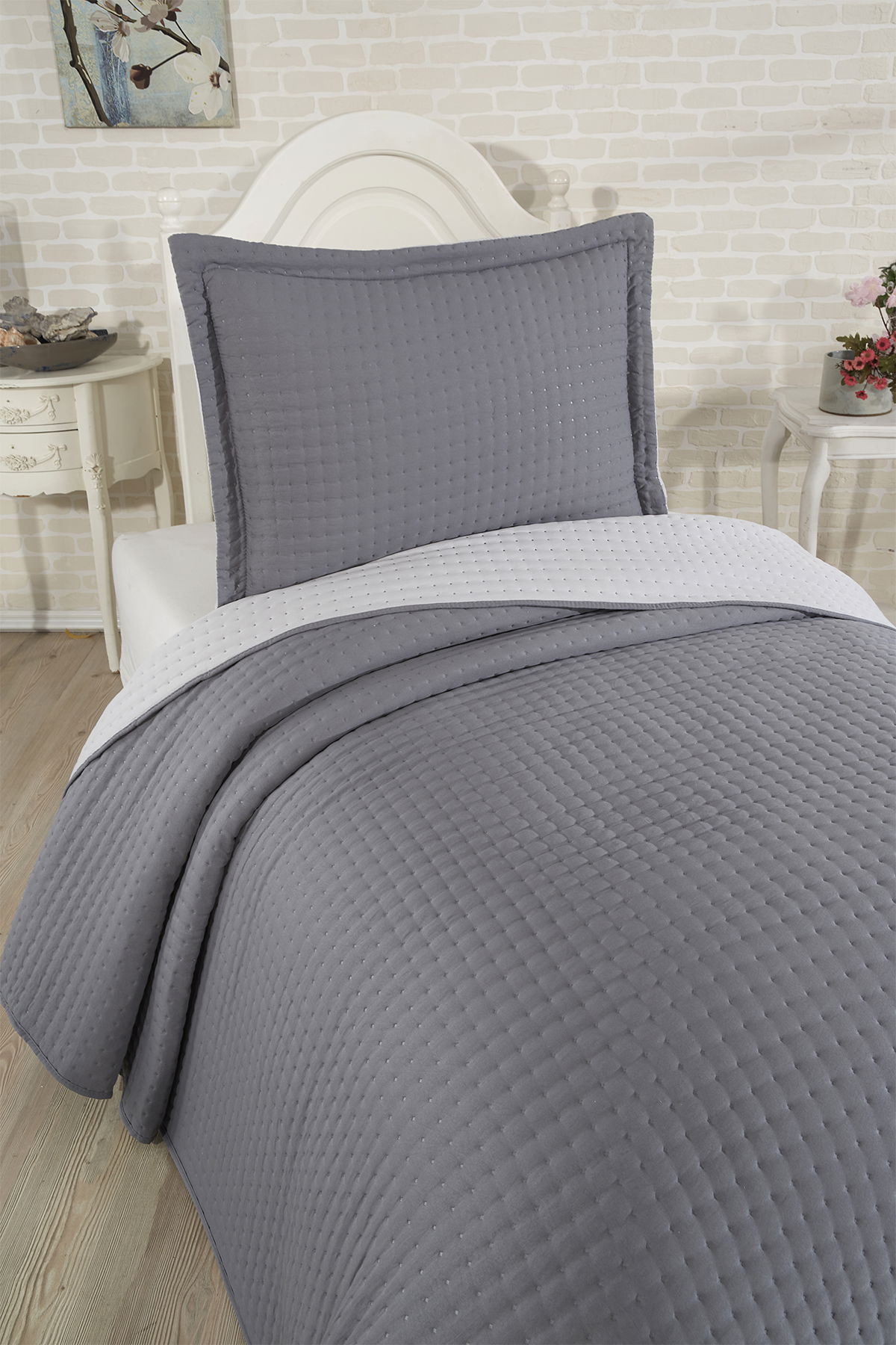 Elisa Dolgulu Çift Taraflı Tek Kişilik 180x240 Cm Yatak Örtüsü Antrasit - 2