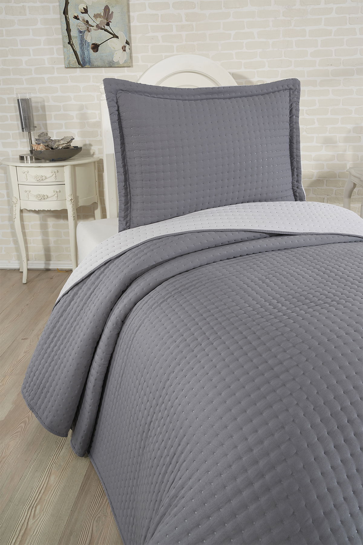 Elisa Dolgulu Çift Taraflı Tek Kişilik 180x240 Cm Yatak Örtüsü Antrasit - 4
