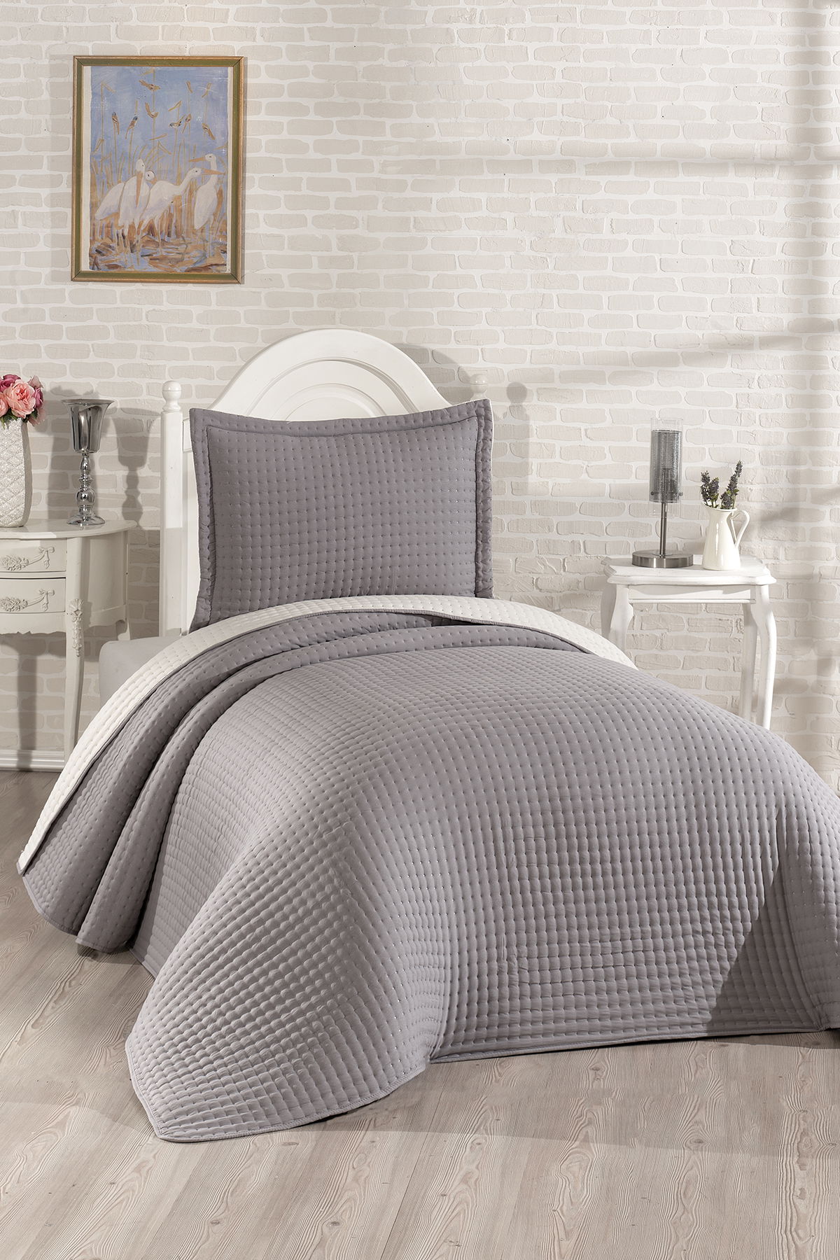 Elisa Dolgulu Çift Taraflı Tek Kişilik 180x240 Cm Yatak Örtüsü Antrasit - 1