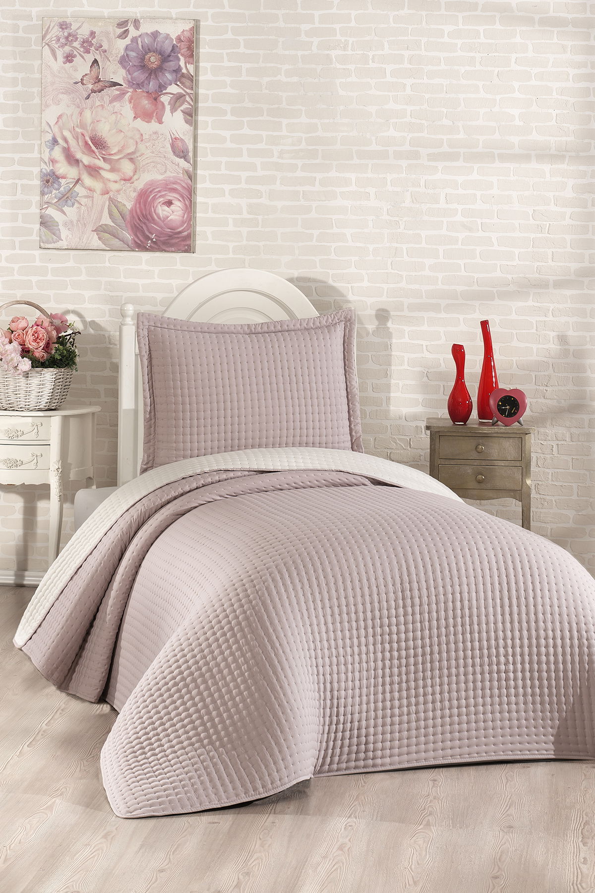 Elisa Dolgulu Çift Taraflı Tek Kişilik 180x240 Cm Yatak Örtüsü Bej - 1