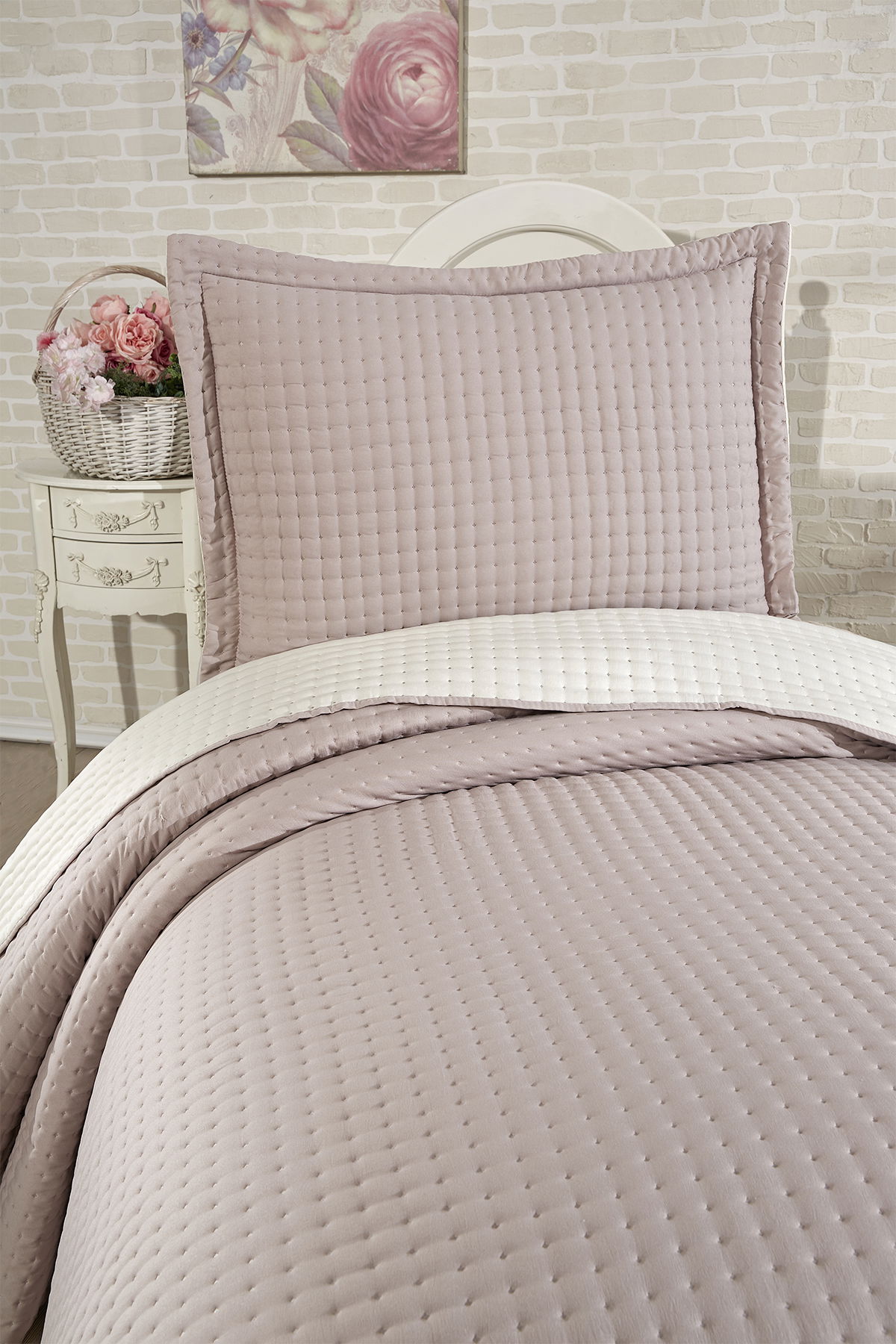 Elisa Dolgulu Çift Taraflı Tek Kişilik 180x240 Cm Yatak Örtüsü Pudra - 2