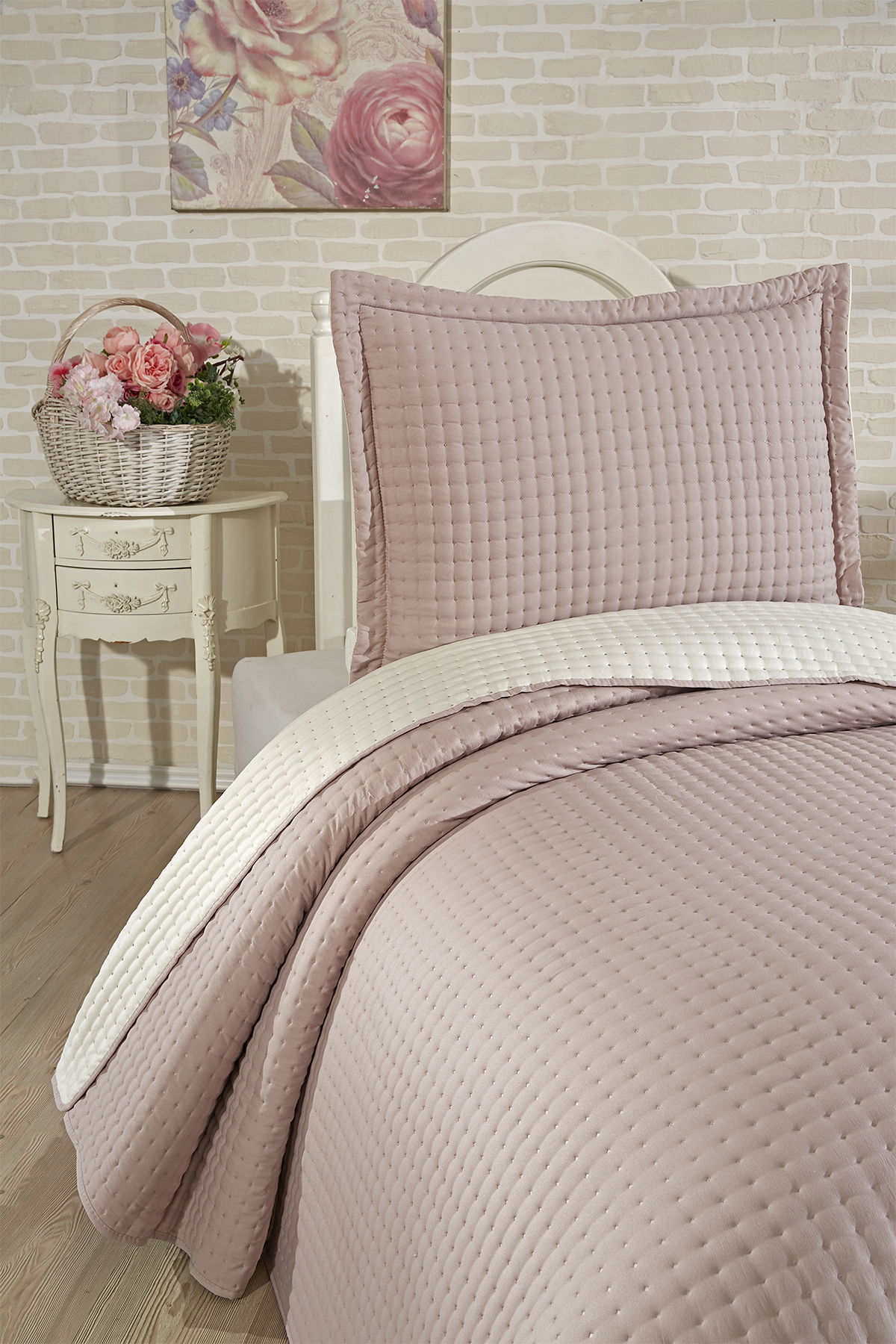 Elisa Dolgulu Çift Taraflı Tek Kişilik 180x240 Cm Yatak Örtüsü Pudra - 3