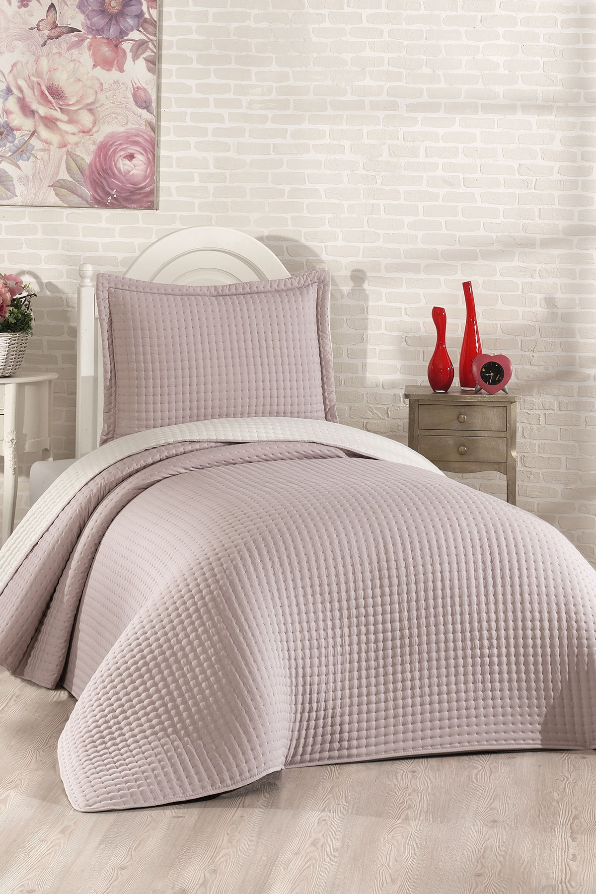 Elisa Dolgulu Çift Taraflı Tek Kişilik 180x240 Cm Yatak Örtüsü Pudra - 1