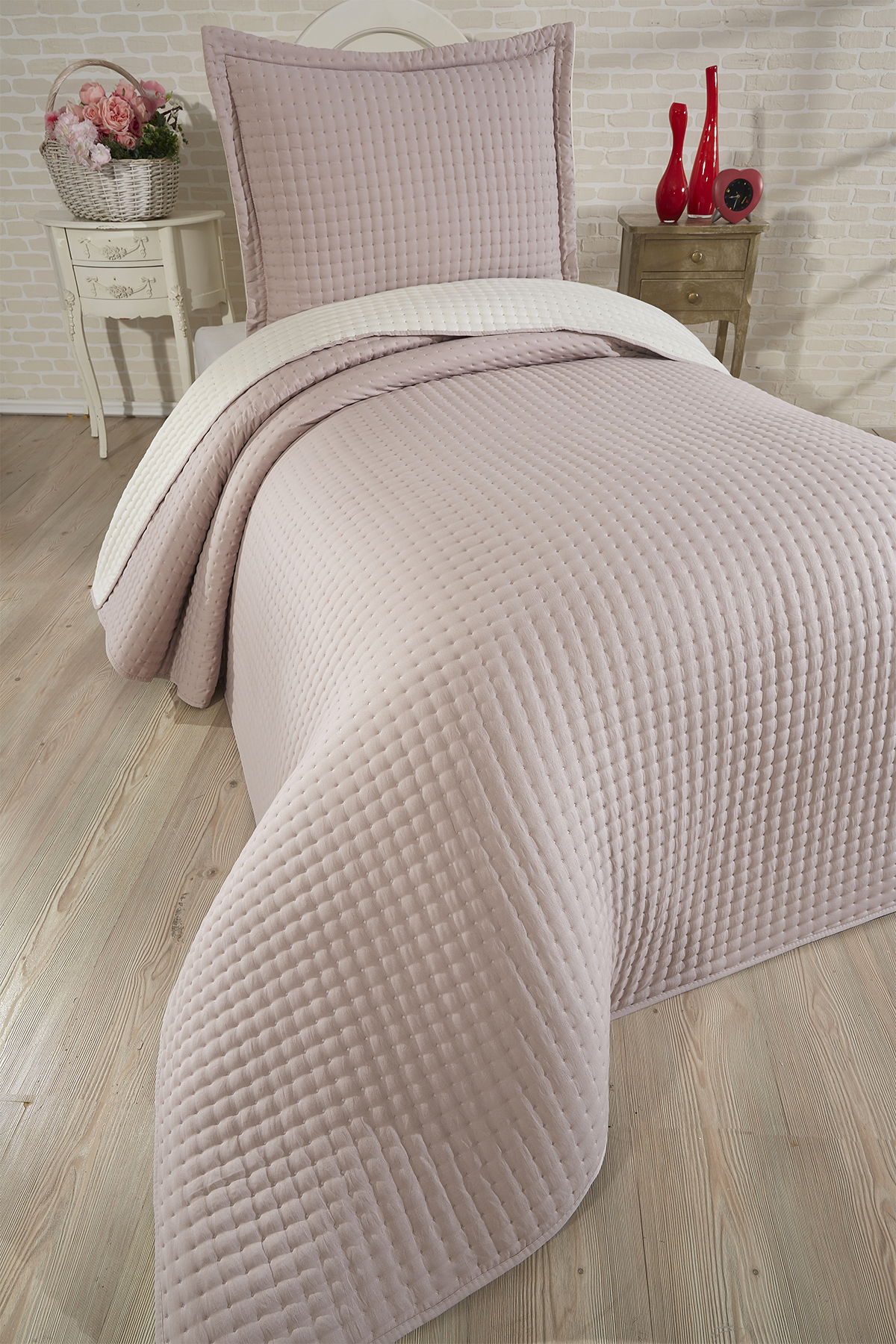 Elisa Dolgulu Çift Taraflı Tek Kişilik 180x240 Cm Yatak Örtüsü Pudra - 4