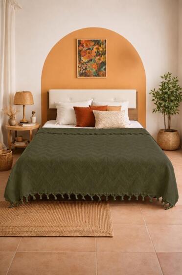 Elit Jakarlı Çift Kişilik Tek Pike 200x230 cm Haki - Çeyiz Diyarı