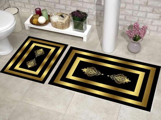 Elit Lüx Dikdörtgen 2'li Banyo Paspas Takımı Alberta Siyah Gold - Çeyiz Diyarı (1)