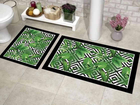 Elit Lüx Dikdörtgen 2'li Banyo Paspas Takımı Leaf Siyah - Çeyiz Diyarı (1)