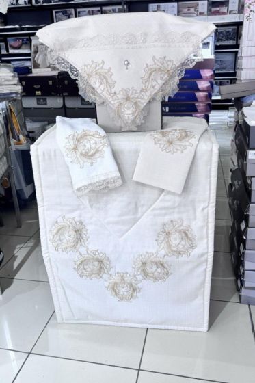 Elma Gipürlü Asetat Keten Seccade Seti Cappucino - Çeyiz Diyarı
