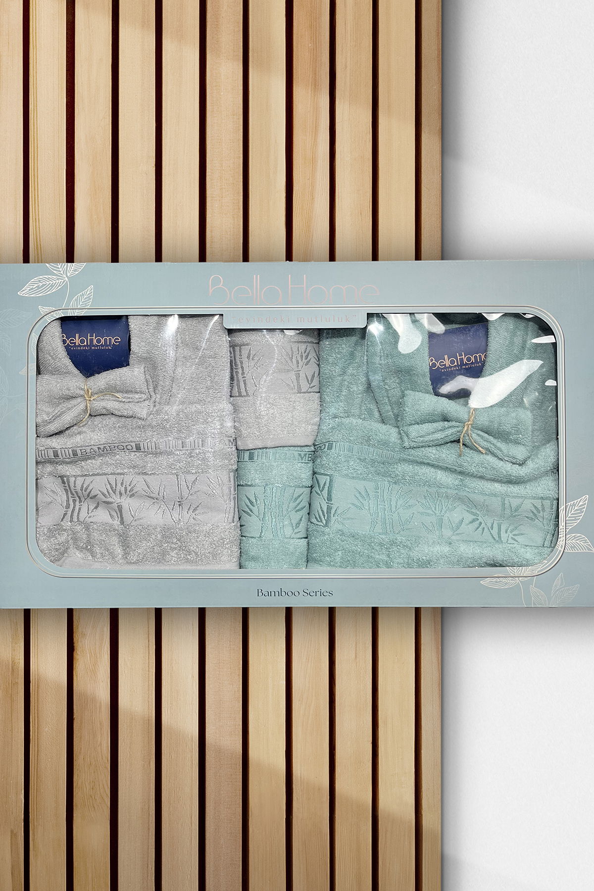 Elmas Bambu 10 Parça Aile Bornoz Takımı Gri Mint - 1