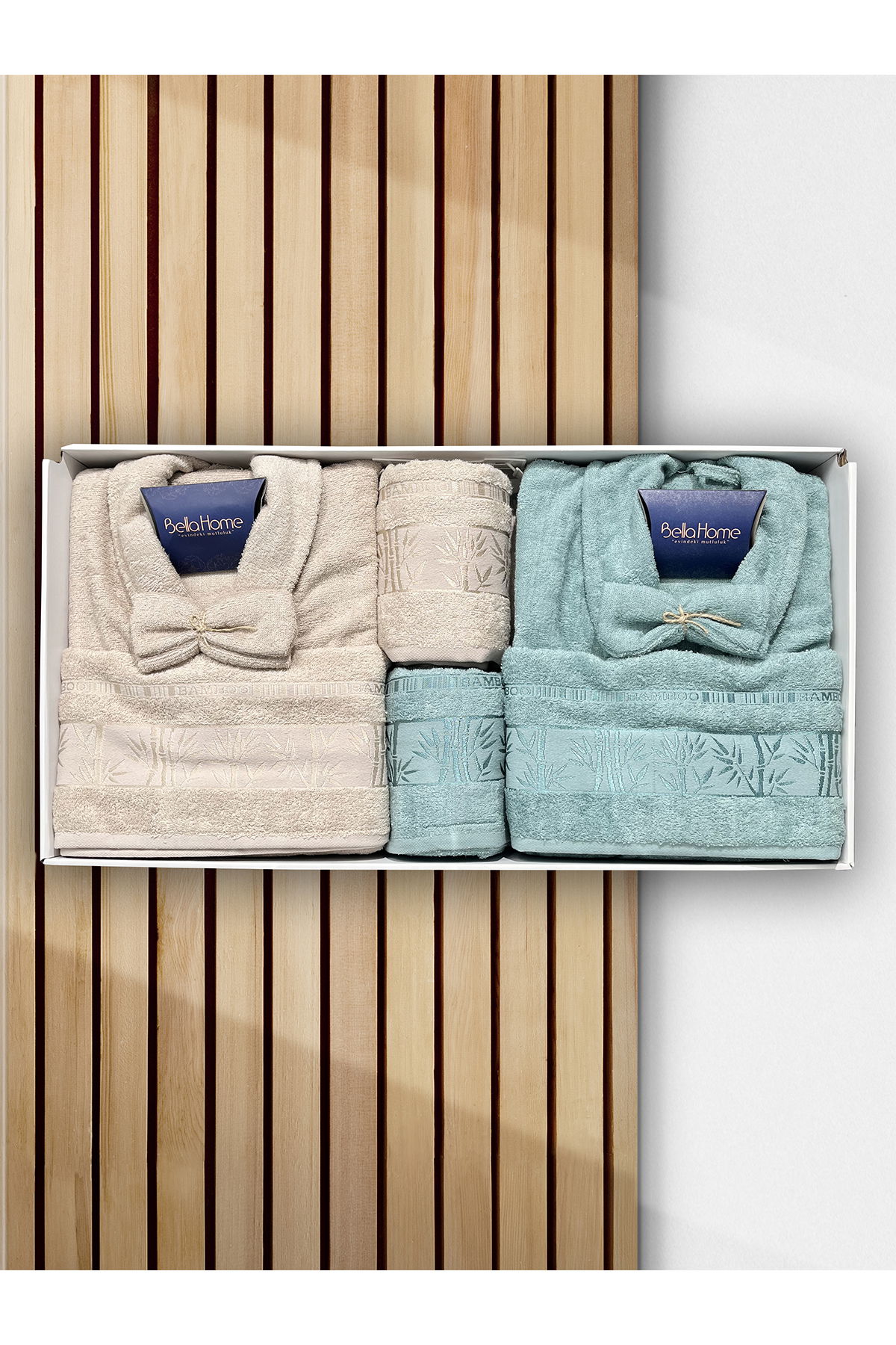 Elmas Bambu 10 Parça Aile Bornoz Takımı Mint Bej - 1