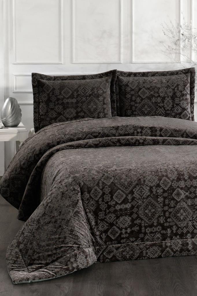 Emila Elyaf Dolgulu Çift Kişilik 250x255 Cm Yatak Örtüsü Antrasit - 1