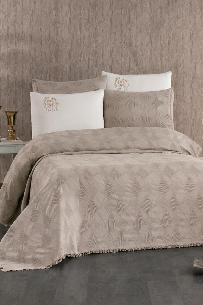 Emily 7 Parça %100 Pamuk Çift Kişilik Pikeli Nevresim Takımı Cappucino - 1