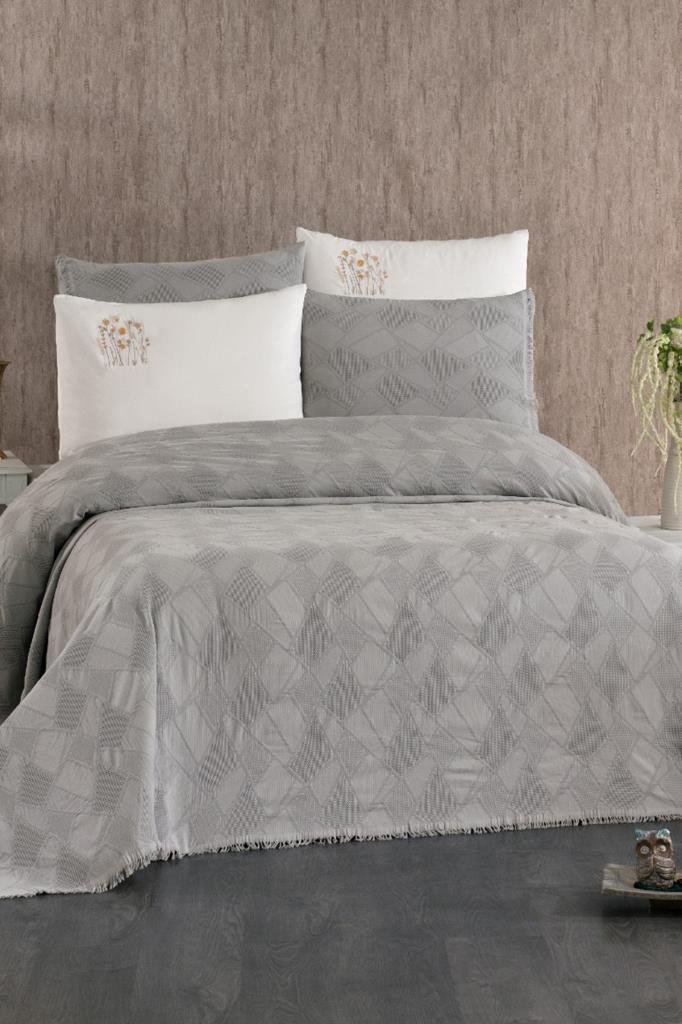 Emily 7 Parça %100 Pamuk Çift Kişilik Pikeli Nevresim Takımı Gri - 1