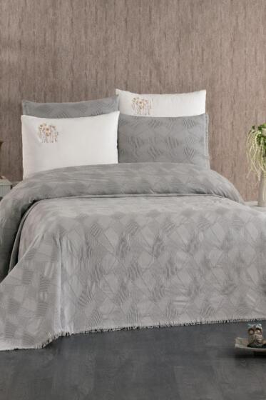 Emily 7 Parça %100 Pamuk Çift Kişilik Pikeli Nevresim Takımı Gri - Çeyiz Diyarı