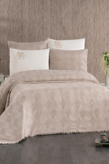 Emily 7 Parça %100 Pamuk Çift Kişilik Pikeli Nevresim Takımı Vizon - Çeyiz Diyarı