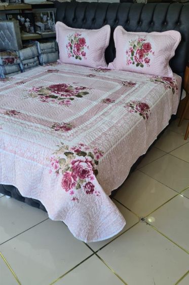 Emily Baskılı Kapitoneli Çift Kişilik Yatak Örtüsü Pudra - Çeyiz Diyarı (1)