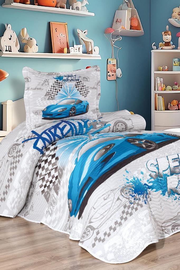 Fast Car Baskılı Kapitoneli Tek Kişilik Yatak Örtüsü Mavi - 1