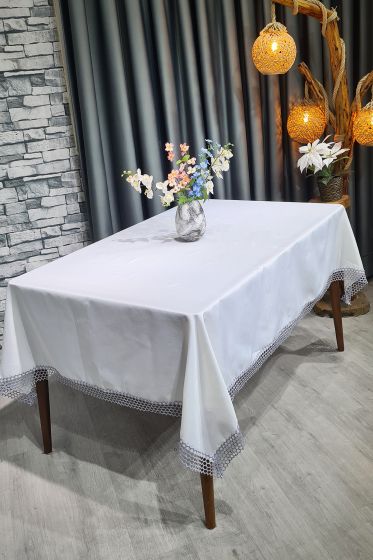 File Tek Masa Örtüsü 160x220cm Krem Gri - Çeyiz Diyarı