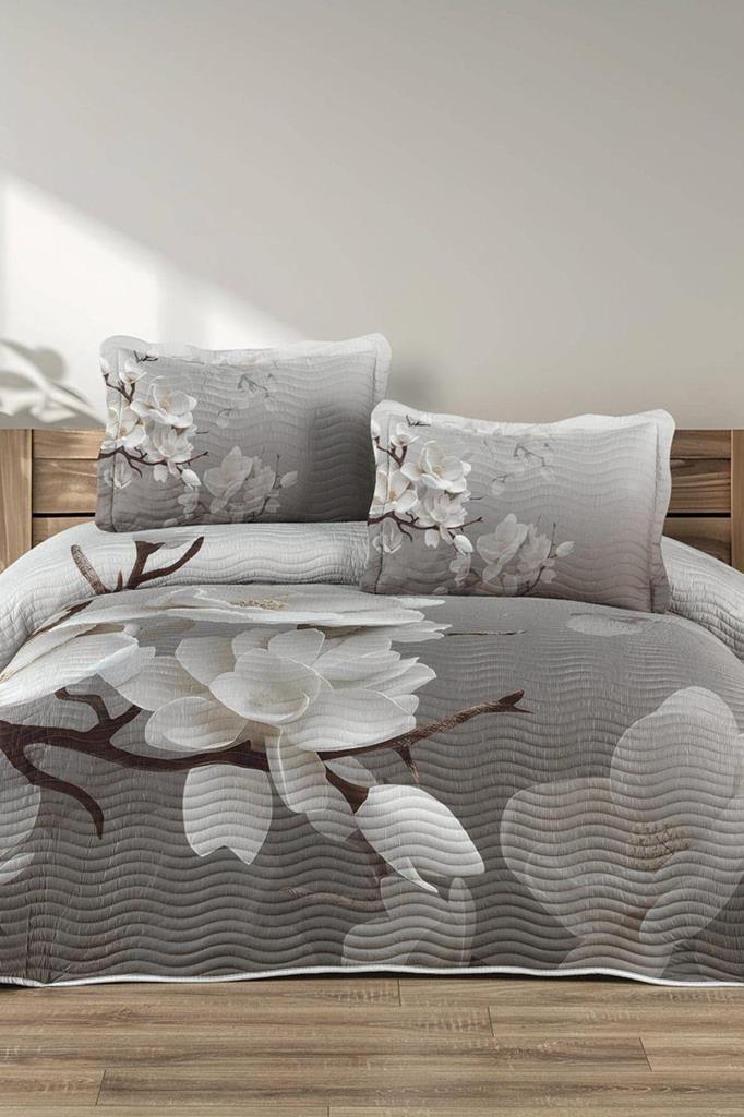 Fiore Baskılı Kapitoneli Çift Kişilik Yatak Örtüsü Gri - 1