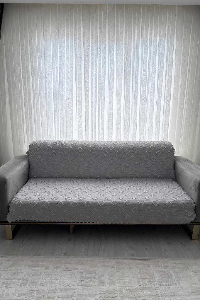 Fitilli Pondü 170x210 cm Kaymaz Taban Koltuk Örtüsü Gri - 1