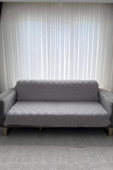 Fitilli Pondü 170x210 cm Kaymaz Taban Koltuk Örtüsü Gri - Çeyiz Diyarı