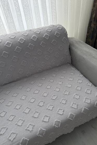 Fitilli Pondü 170x210 cm Kaymaz Taban Koltuk Örtüsü Gri - Çeyiz Diyarı (1)