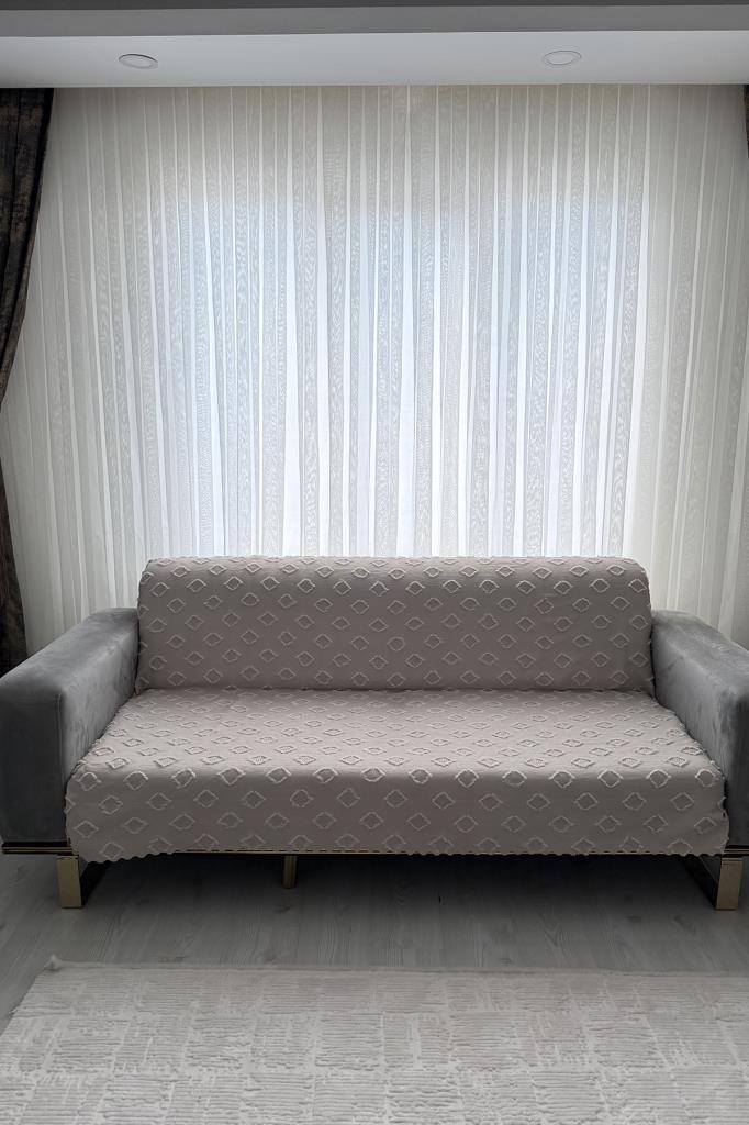 Fitilli Pondü 170x210 cm Kaymaz Taban Koltuk Örtüsü Vizon - 1
