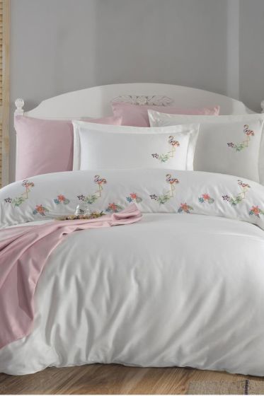 Flamingo Nakışlı %100 Pamuk Saten Çift Kişilik Nevresim Takımı Ekru - Çeyiz Diyarı
