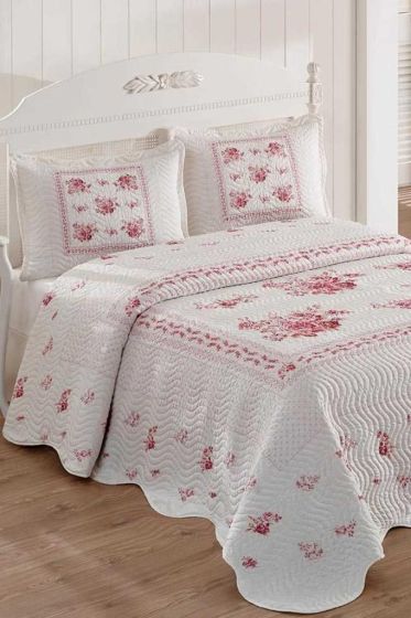 Flower Baskılı Kapitoneli Çift Kişilik Yatak Örtüsü Pembe - Çeyiz Diyarı