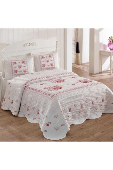 Flower Baskılı Kapitoneli Çift Kişilik Yatak Örtüsü Pembe - Çeyiz Diyarı (1)