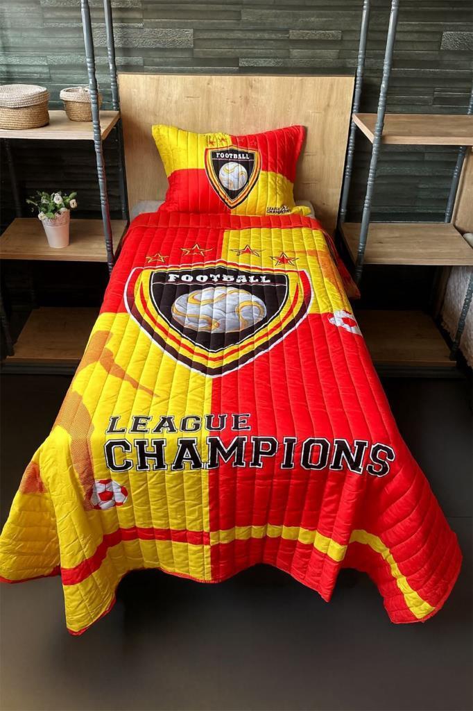 Football Tek Kişilik Kapitoneli Yatak Örtüsü Sarı Kırmızı 180x240 cm - 1