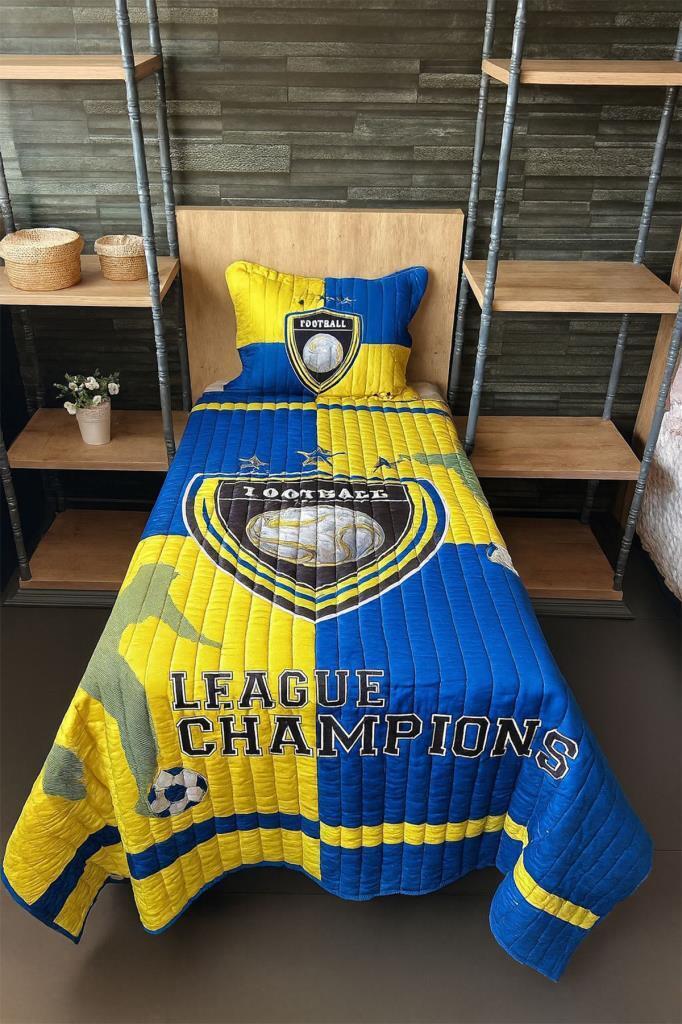 Football Tek Kişilik Kapitoneli Yatak Örtüsü Sarı Lacivert 180x240 cm - 1