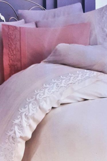 Fransız Dantelli Alyona Çeyizlik Nevresim Takımı Pudra - Çeyiz Diyarı