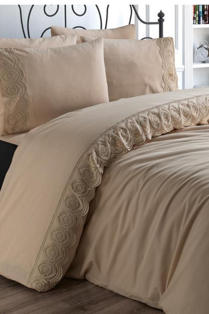 Fransız Dantelli Ceylin Çeyizlik Nevresim Takımı Cappucino - 1